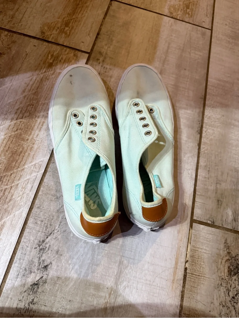 Vans Women's Slip-On Light Mint Canvas Sneakers with Leather Heel Accent